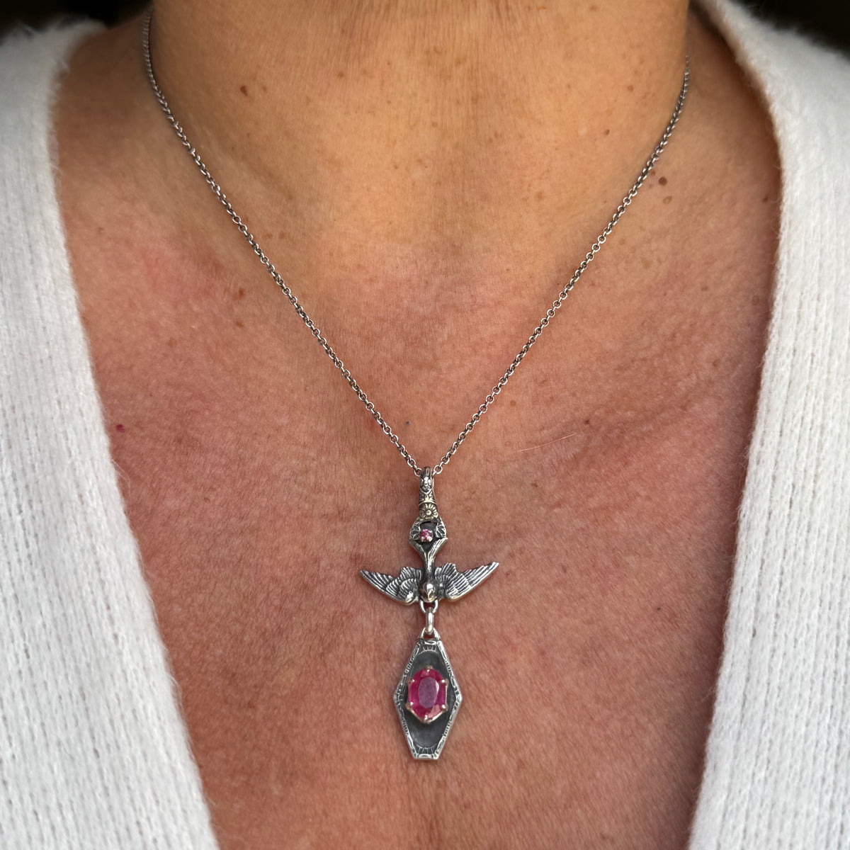 Victorian Gothic Pink Sapphire and Ruby artisan bird necklace in Sterling Silver
