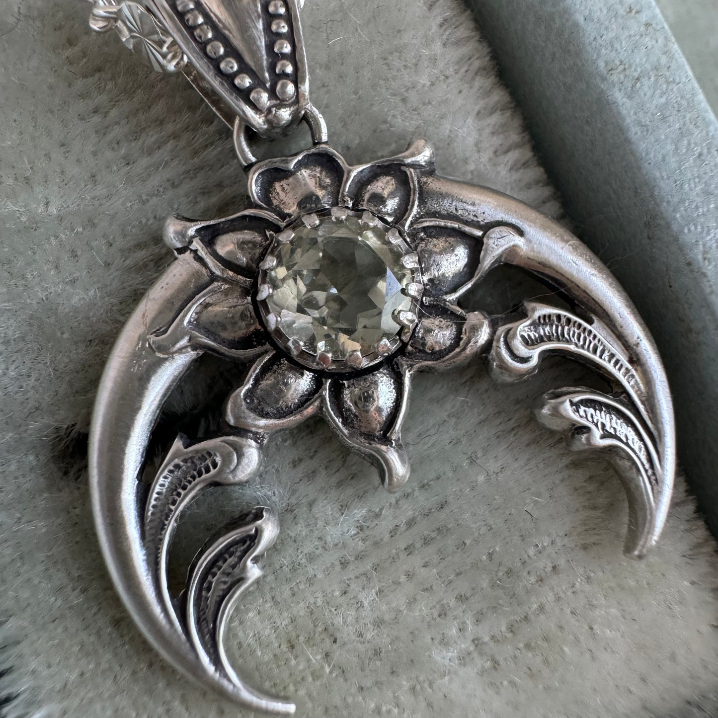 Art Nouveau Green Amethyst Naja squash blossom crescent moon artisan necklace in Sterling Silver