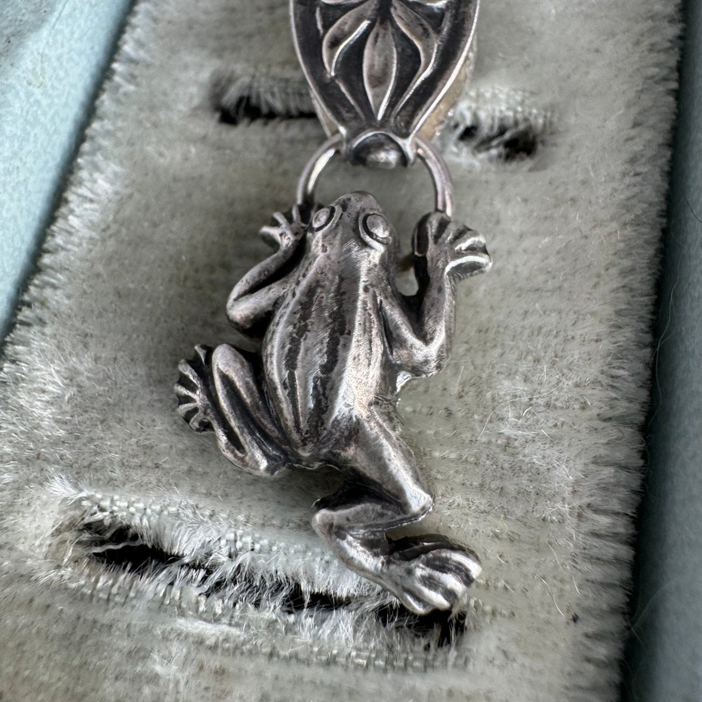 Artisan antique frog botanical necklace in Sterling Silver