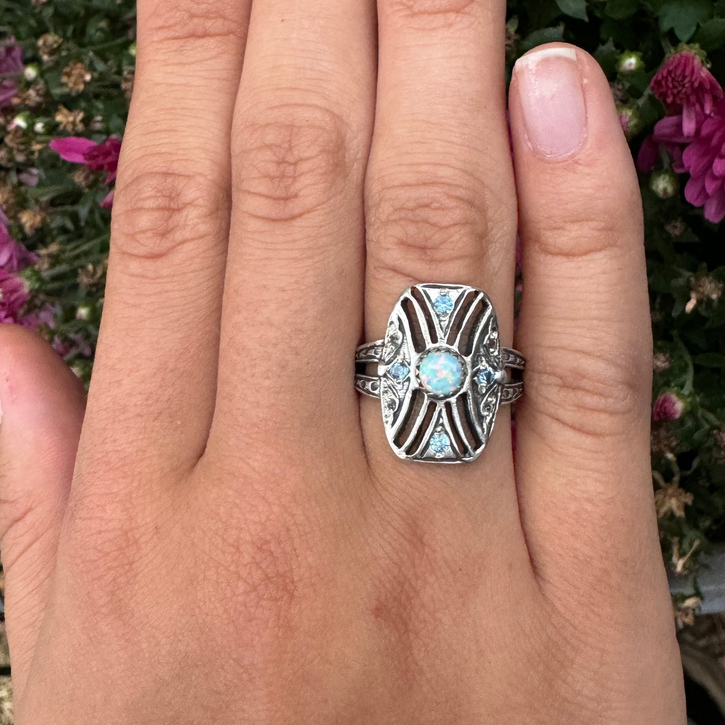 Art Deco Kyocera Opal, Blue Zircon, and White Sapphire artisan cigar band cocktail ring in Sterling Silver