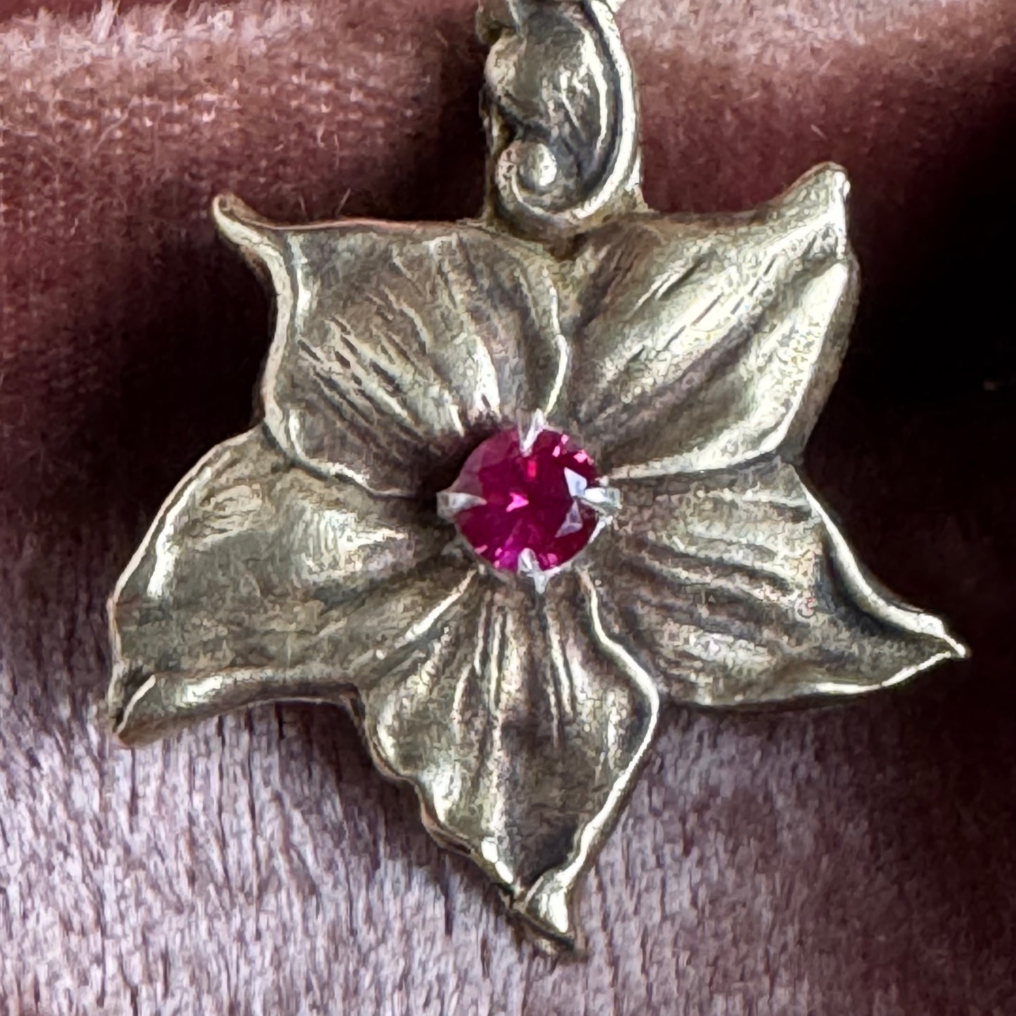 Art Nouveau Flower artisan Brass and Ruby gold necklace