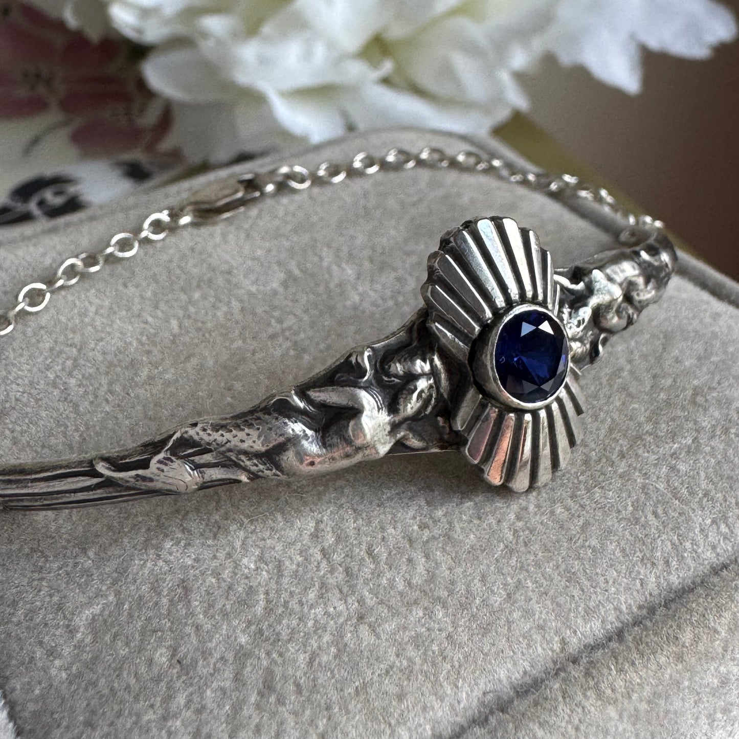 Art Nouveau Mermaids and Sapphire cuff and chain bracelet in Sterling Silver
