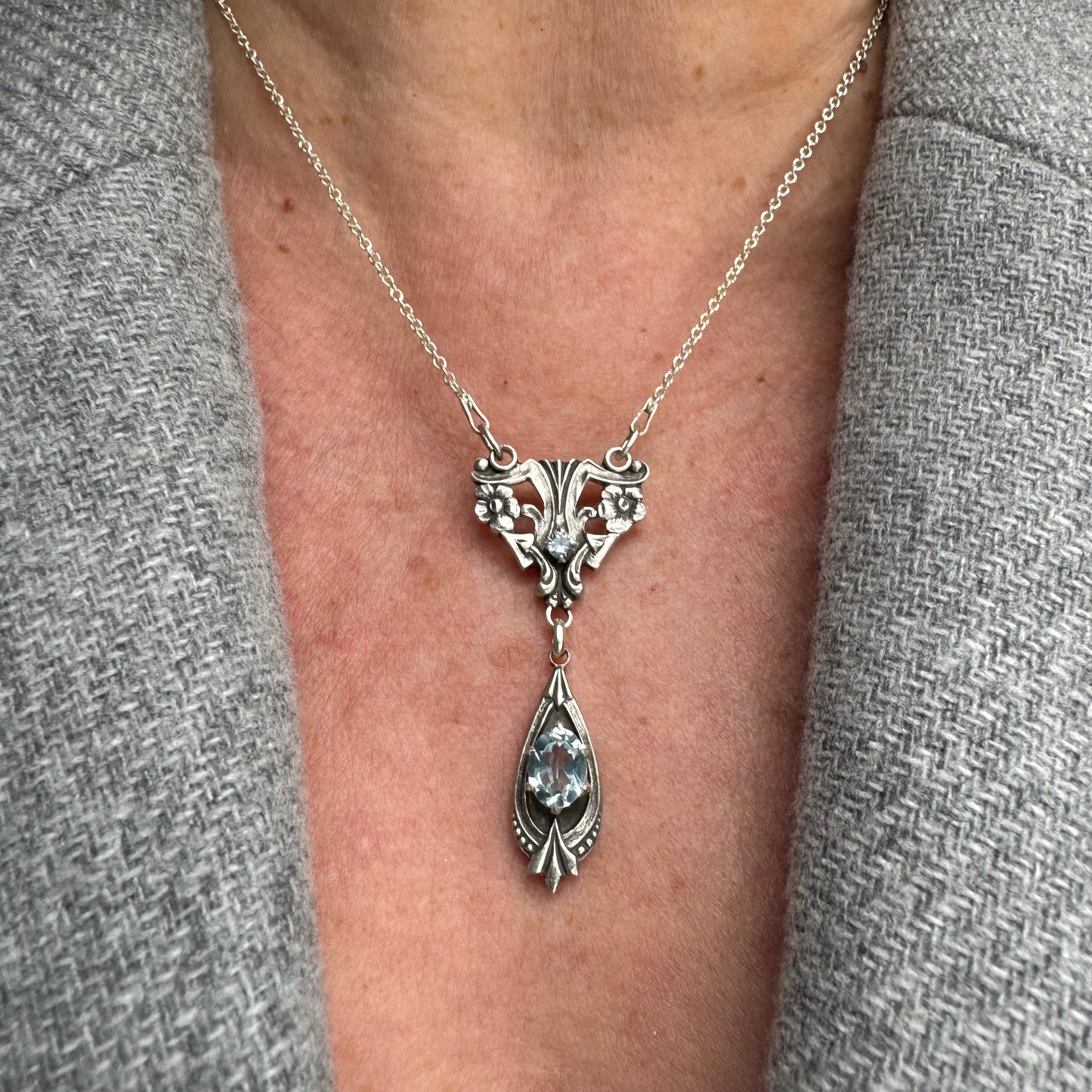 Artisan Art Deco Blue Topaz and Aquamarine Spinel Sterling Silver necklace