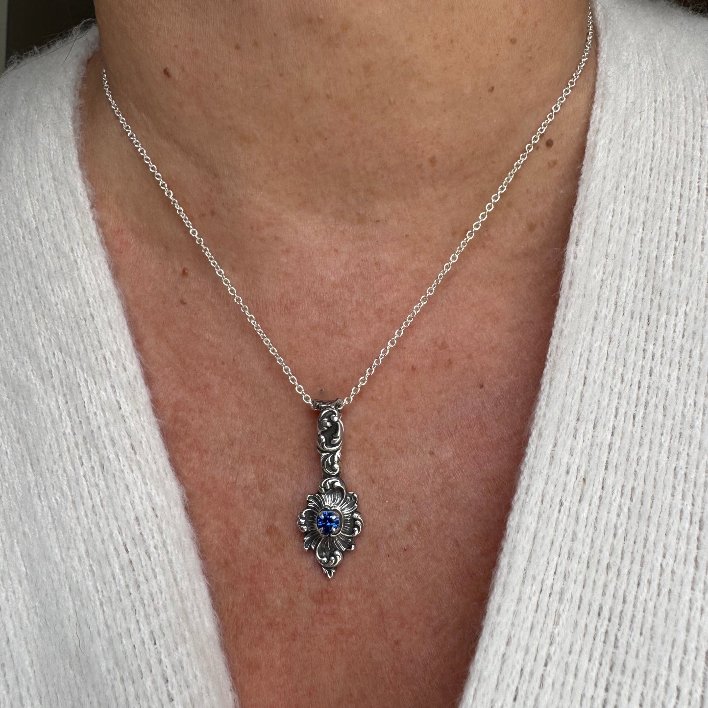 Victorian Gothic blue Sapphire artisan necklace in Sterling Silver
