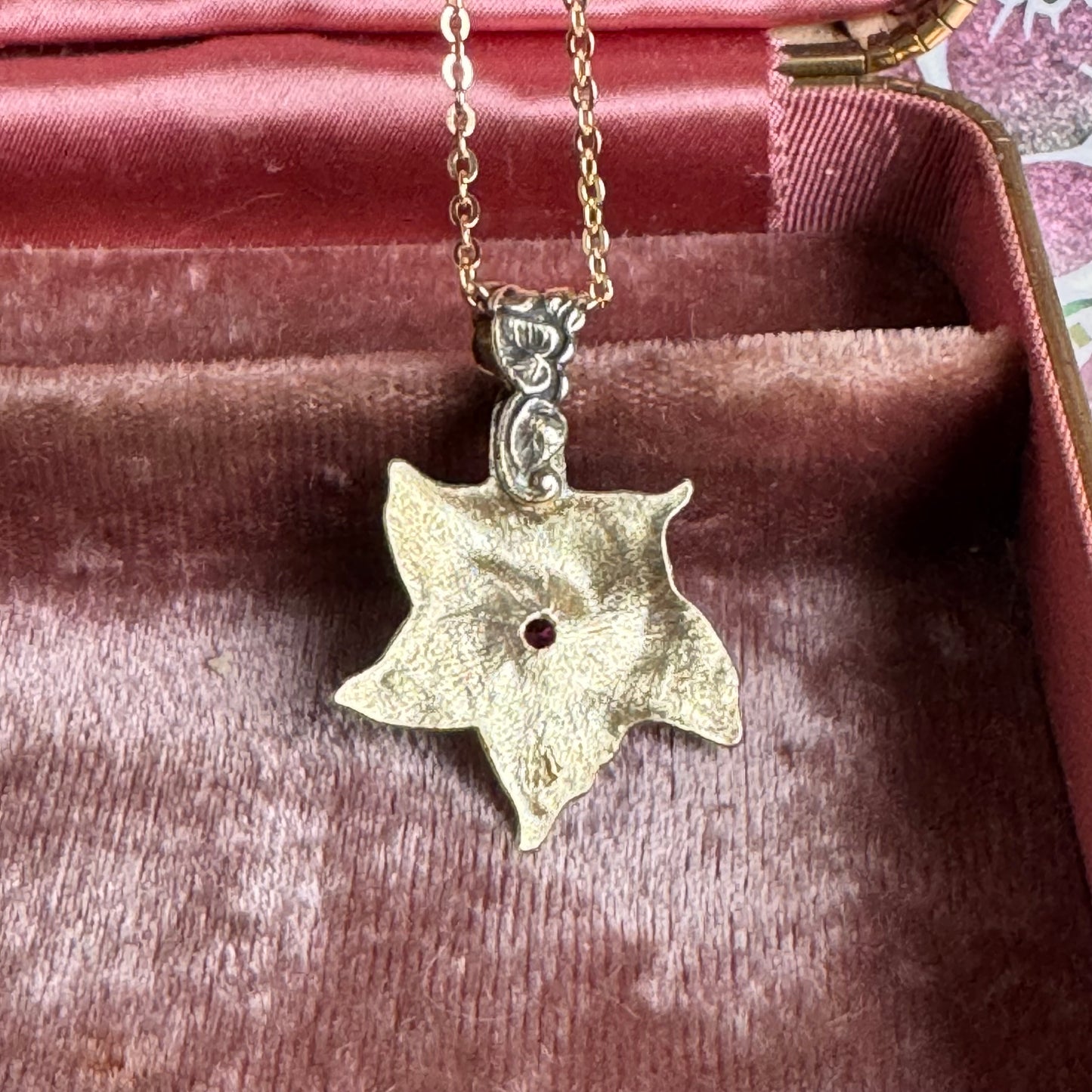 Art Nouveau Flower artisan Brass and Ruby gold necklace