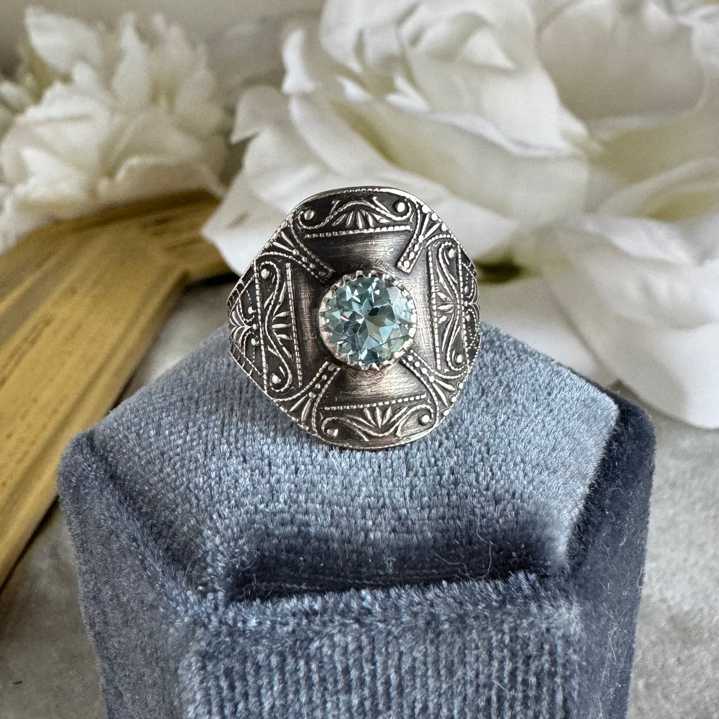 Art Deco filigree 1 carat Blue Topaz artisan cigar band ring in Sterling Silver