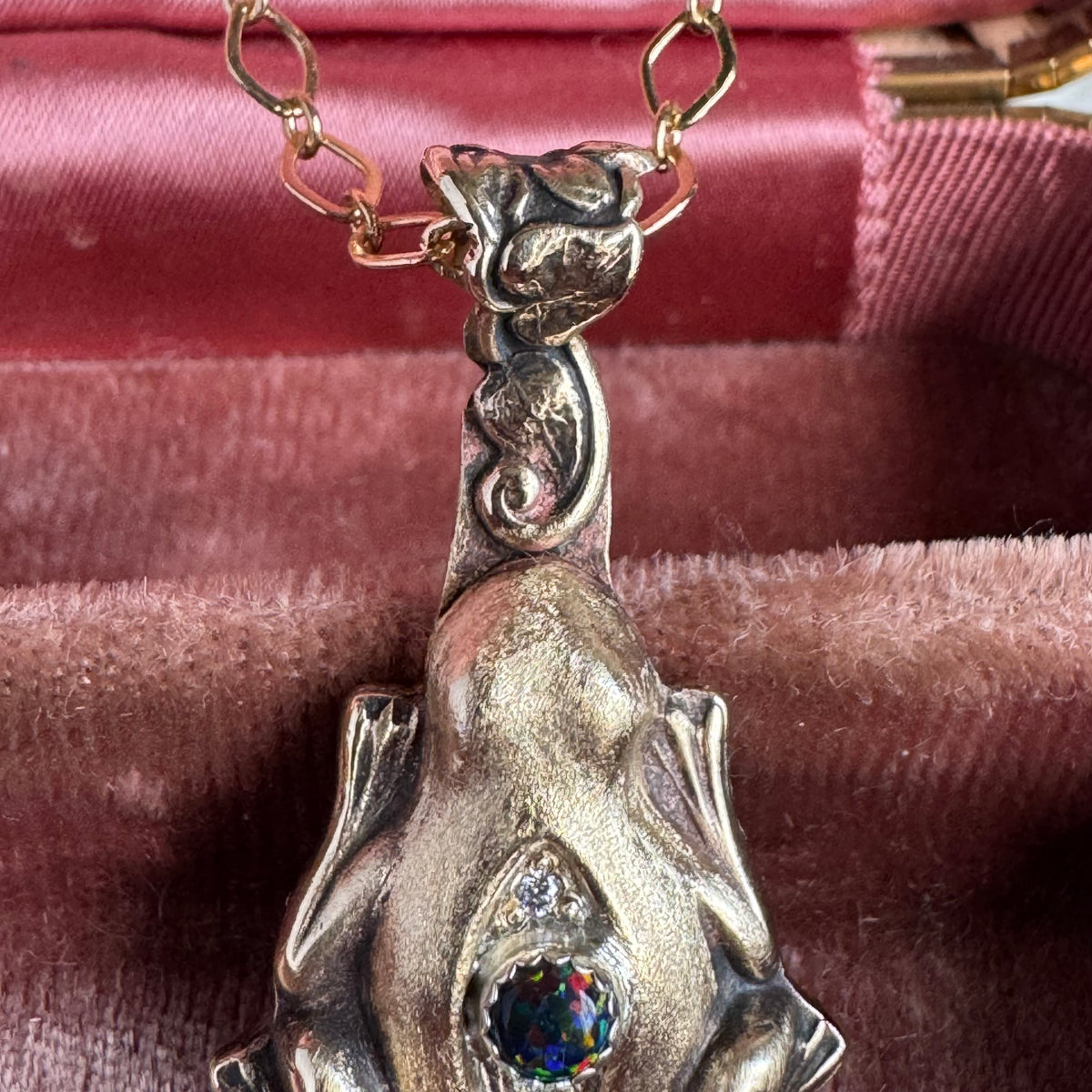 Artisan Frog Black Kyocera Opal and Moissanite necklace in Brass