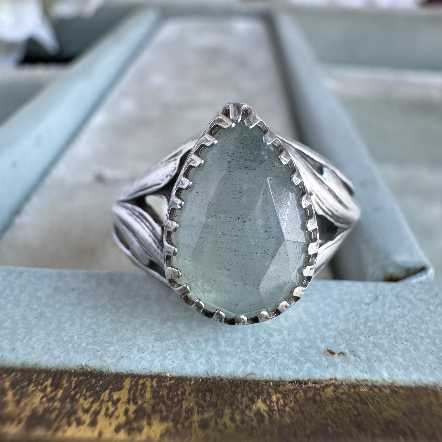 Aquamarine antique inspired Art Nouveau artisan ring in Sterling Silver