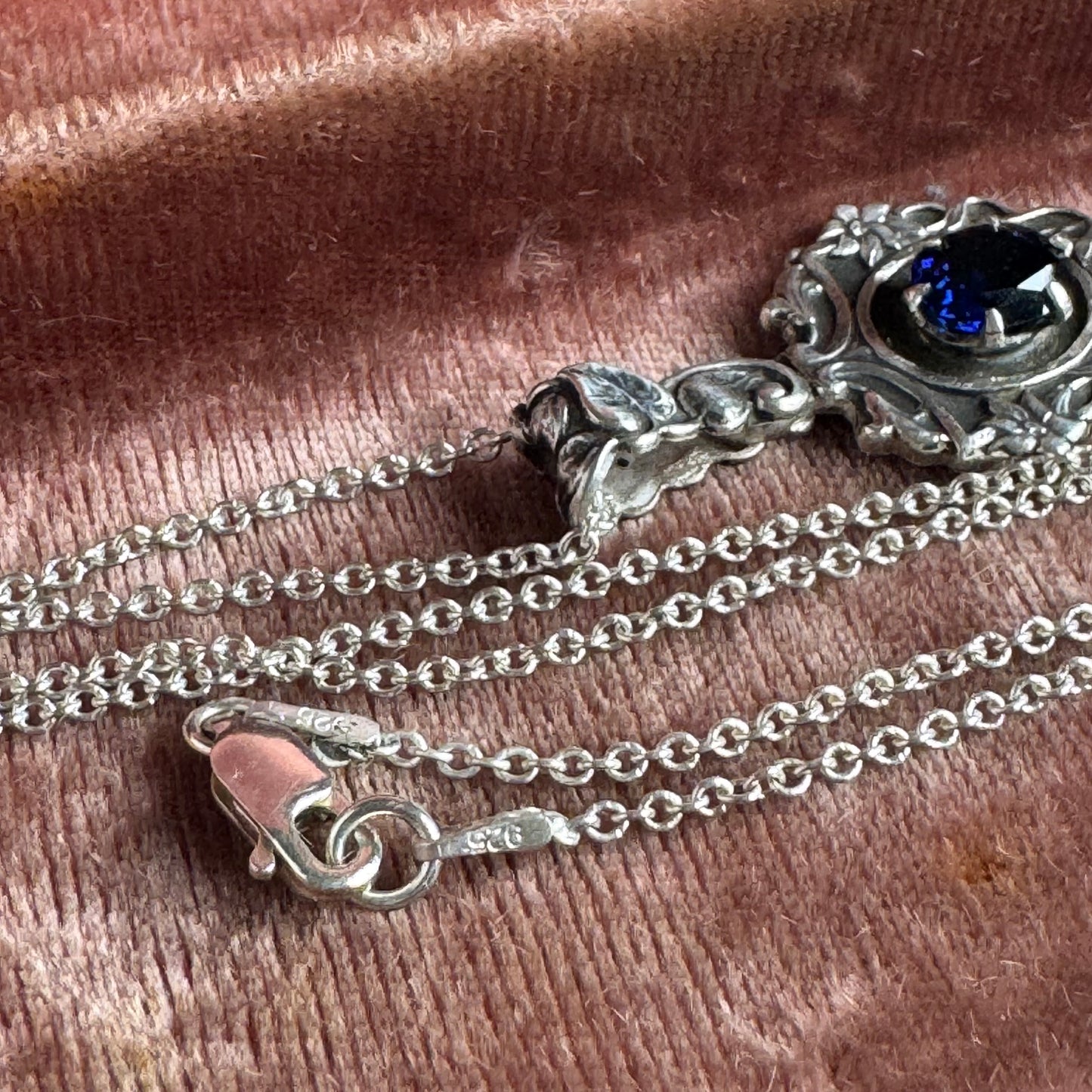 Victorian Gothic Garden blue Sapphire Artisan necklace in Sterling Silver
