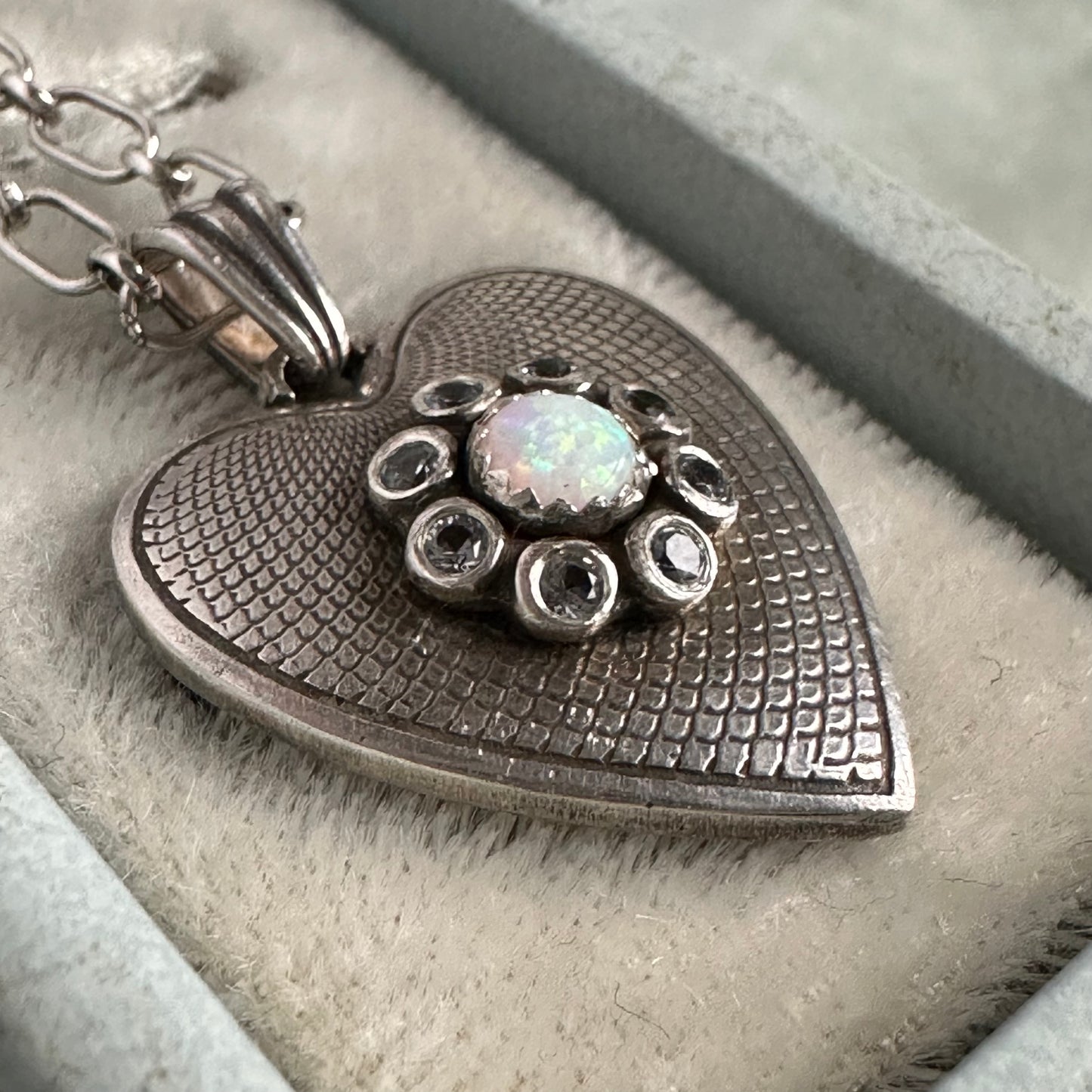 Aquamarine and Opal Vintage heart handmade necklace in Sterling Silver