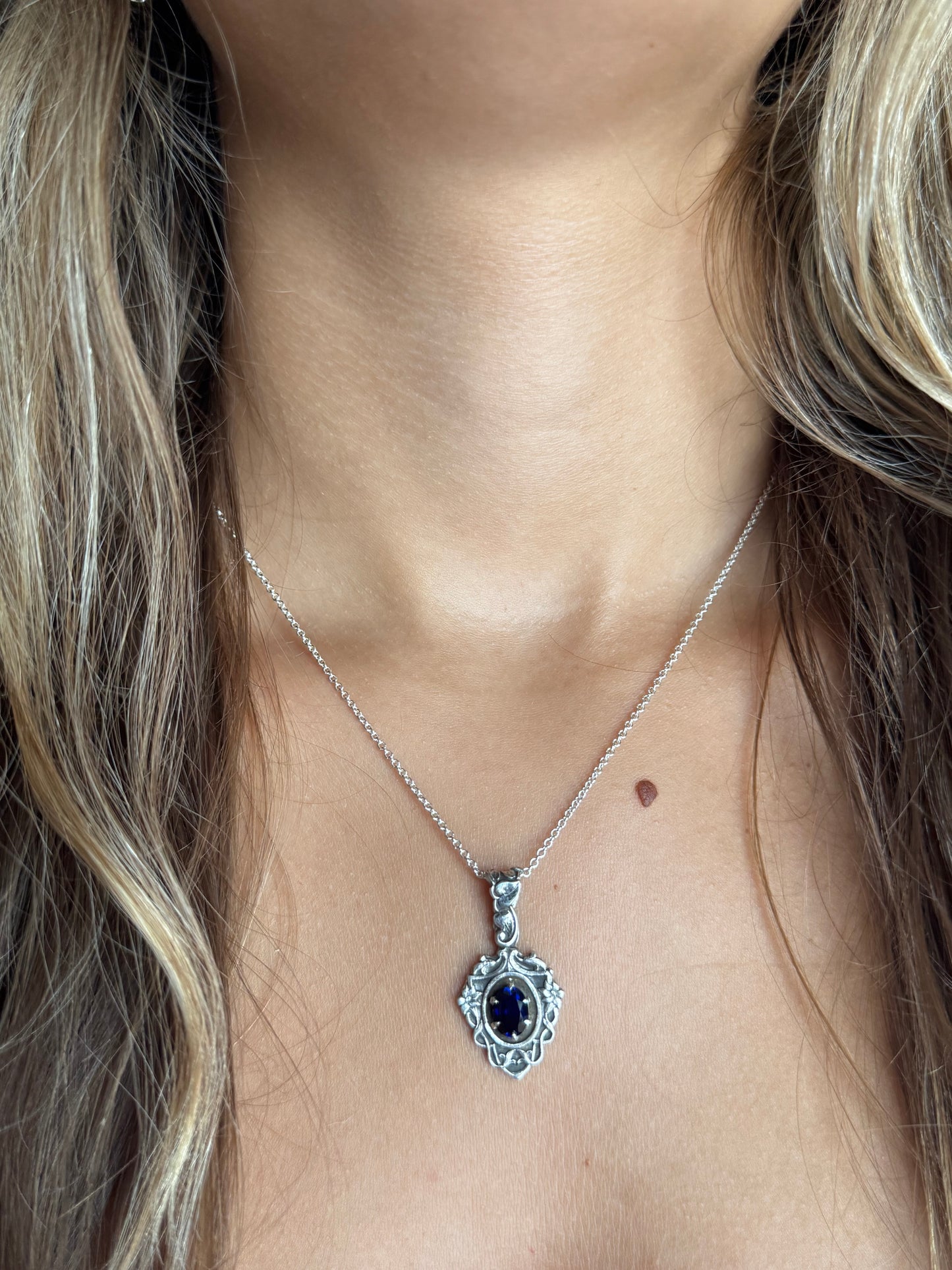 Victorian Gothic Garden blue Sapphire Artisan necklace in Sterling Silver