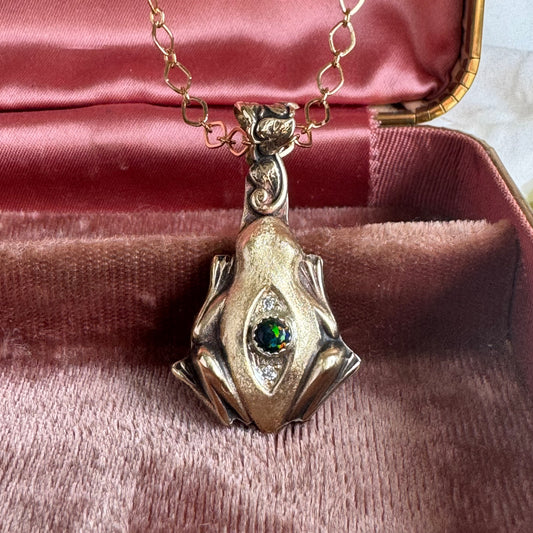 Artisan Frog Black Kyocera Opal and Moissanite necklace in Brass