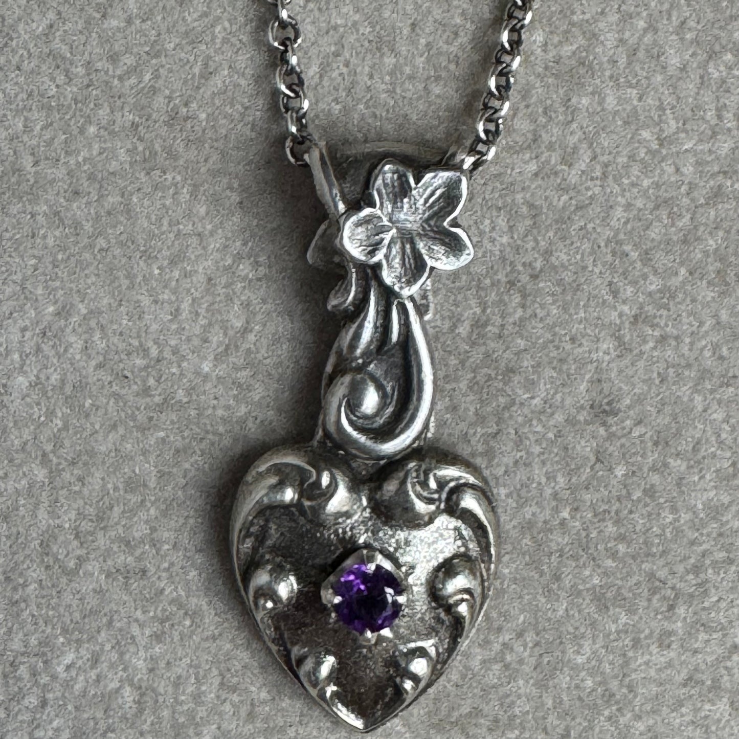 Amethyst Victorian Gothic artisan heart necklace in Sterling Silver