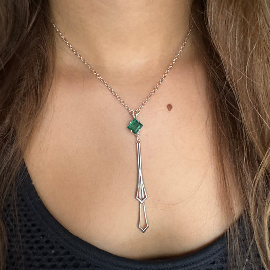 Art Deco 3ct Emerald artisan lariat necklace in Sterling Silver