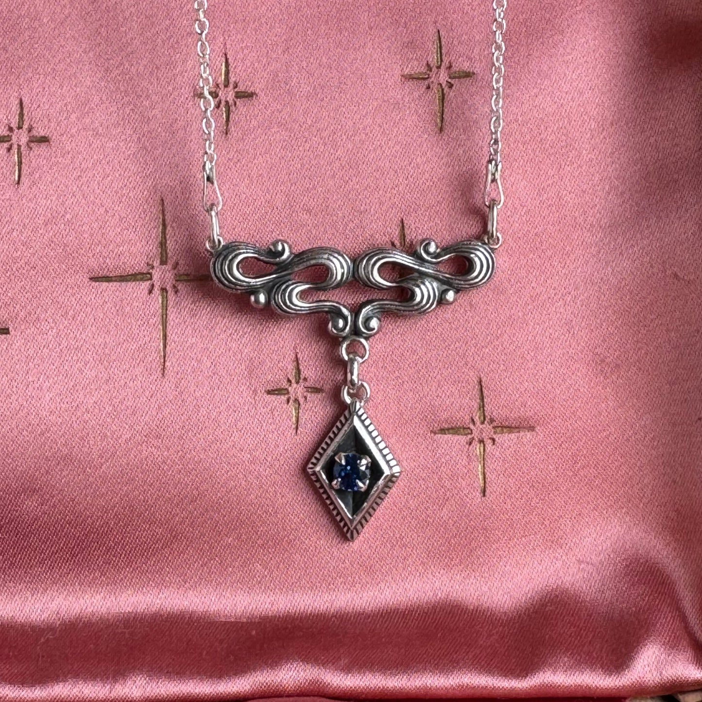 Art Nouveau Sapphire blue Spinel artisan waves necklace in Sterling Silver