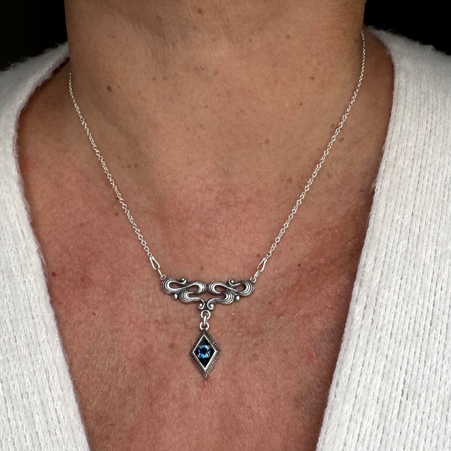 Art Nouveau Sapphire blue Spinel artisan waves necklace in Sterling Silver