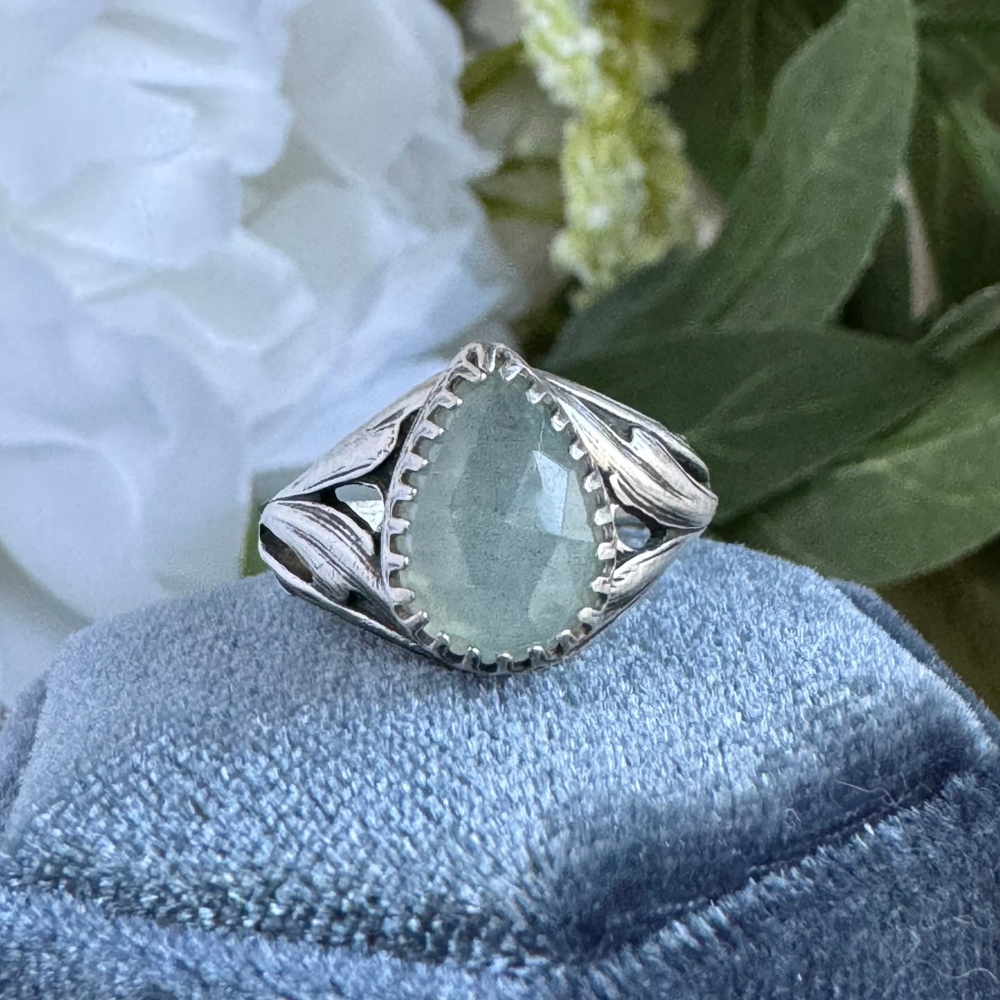 Aquamarine antique inspired Art Nouveau artisan ring in Sterling Silver