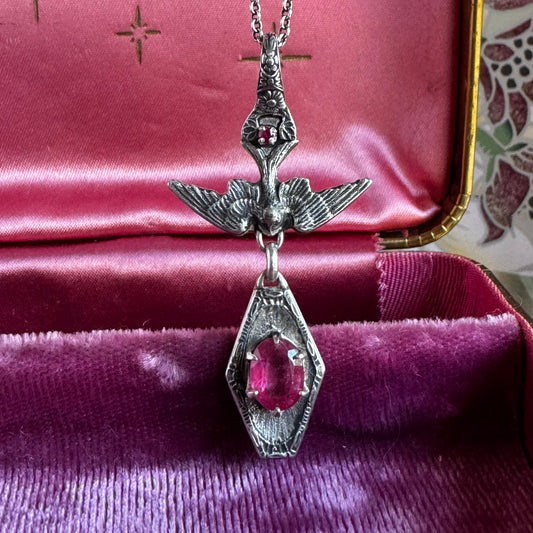 Victorian Gothic Pink Sapphire and Ruby artisan bird necklace in Sterling Silver