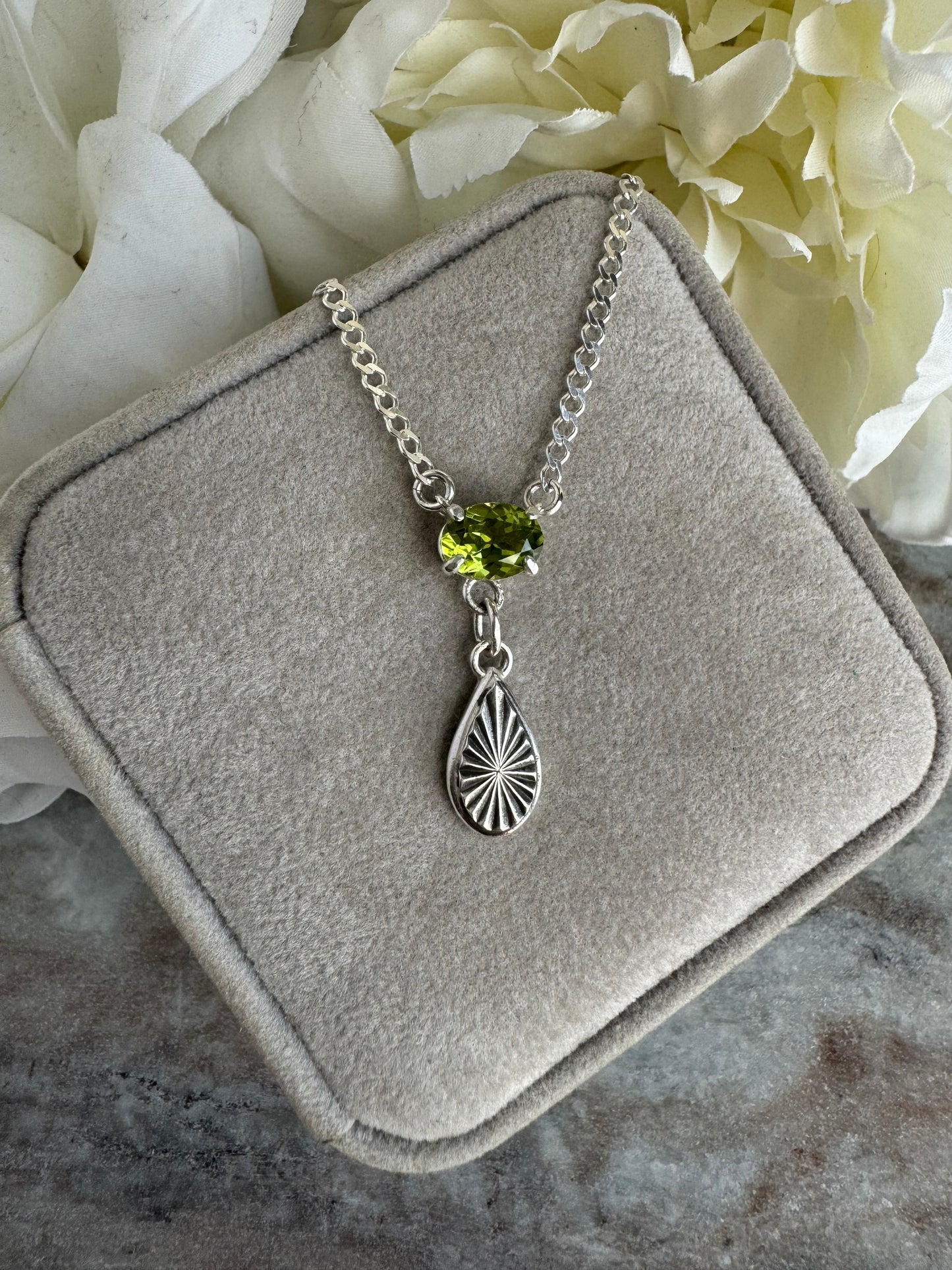 Art Deco 1ct green Peridot gemstone artisan necklace with radiant charm in Sterling Silver