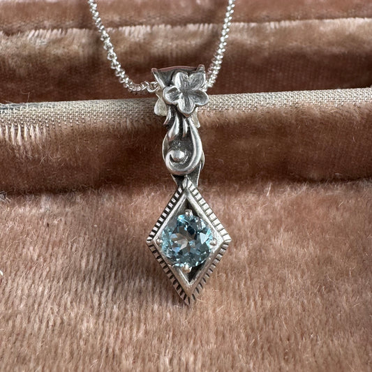 Art Nouveau botanical Blue Topaz artisan diamond shape necklace in Sterling Silver