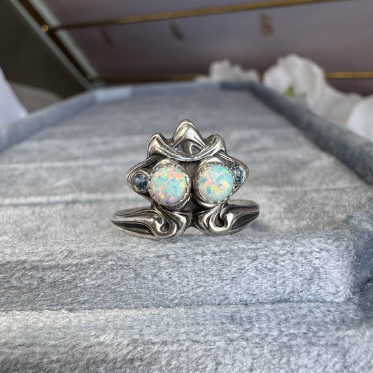 Art Nouveau Kyocera opal and Zircon handmade ring in Sterling Silver