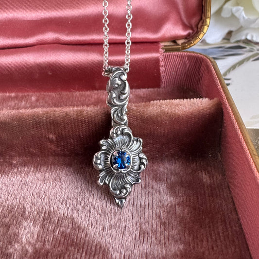 Victorian Gothic blue Sapphire artisan necklace in Sterling Silver