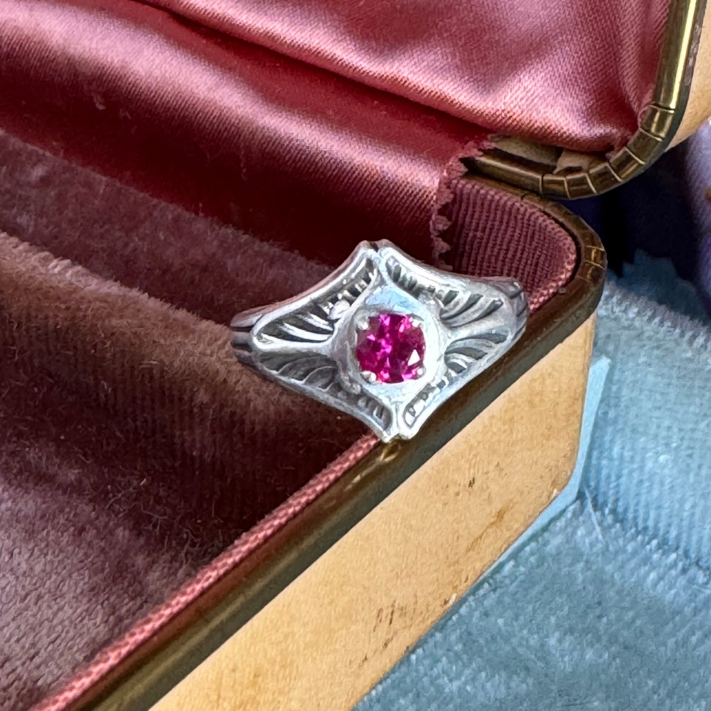 Art Deco Ruby artisan solitaire ring in Sterling Silver