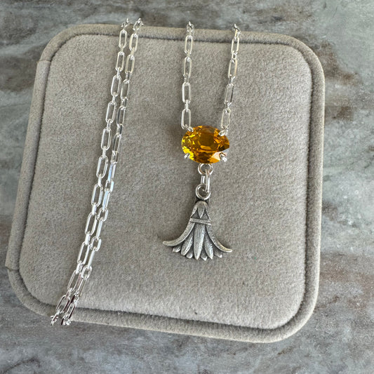 Art Deco Egyptian revival artisan 2.5ct Citrine Papyrus flower necklace in Sterling Silver