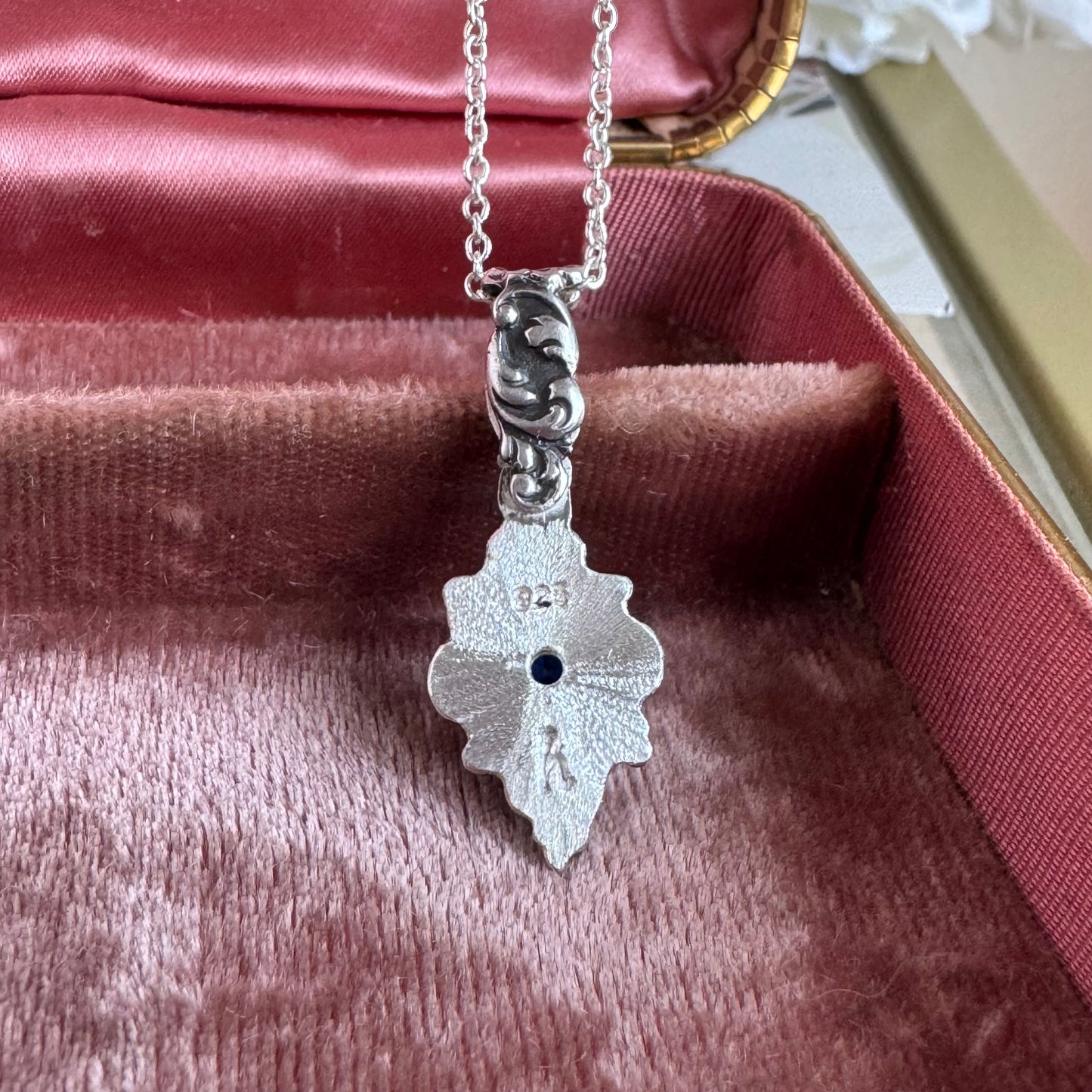 Victorian Gothic blue Sapphire artisan necklace in Sterling Silver