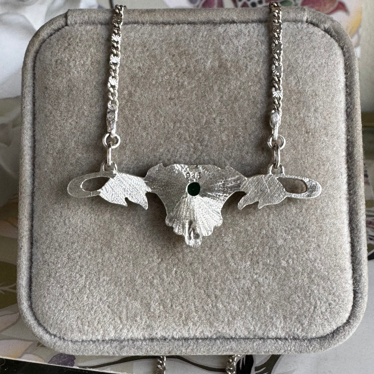 Art Nouveau leaf filagree Emerald artisan collar necklace in Sterling Silver
