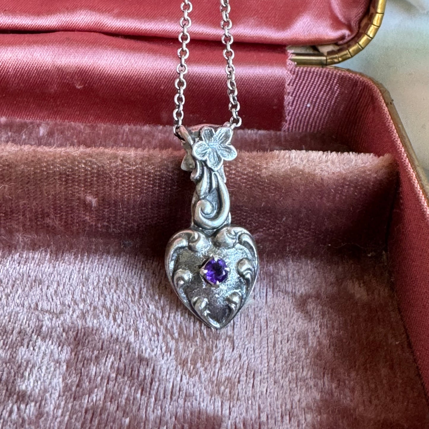Amethyst Victorian Gothic artisan heart necklace in Sterling Silver