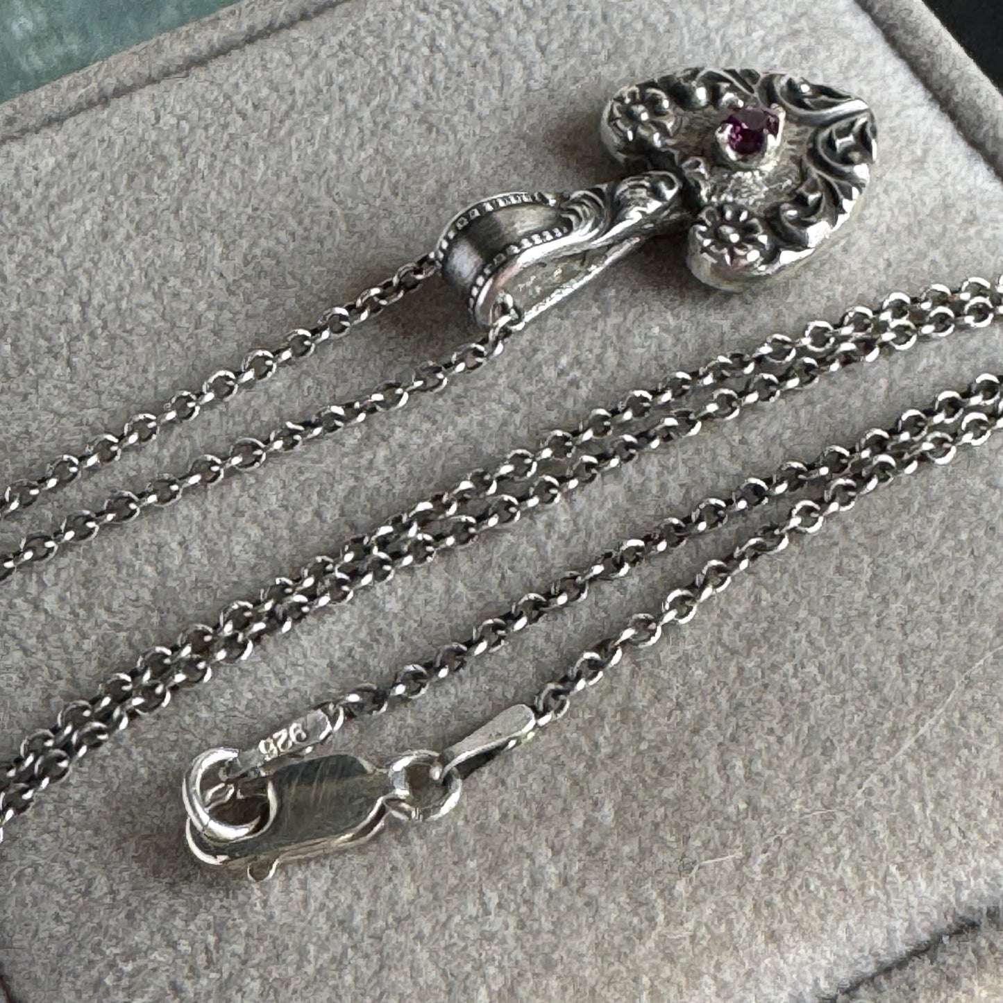 Victorian Gothic artisan Garnet heart necklace in Sterling Silver