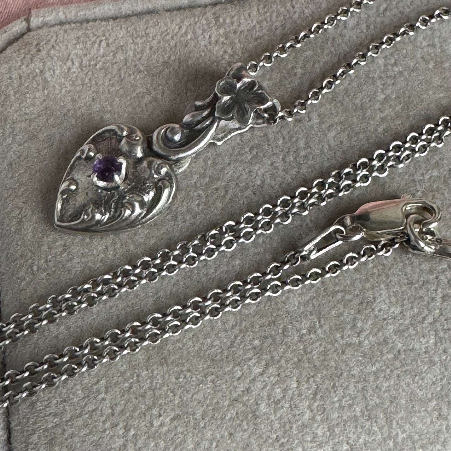 Amethyst Victorian Gothic artisan heart necklace in Sterling Silver