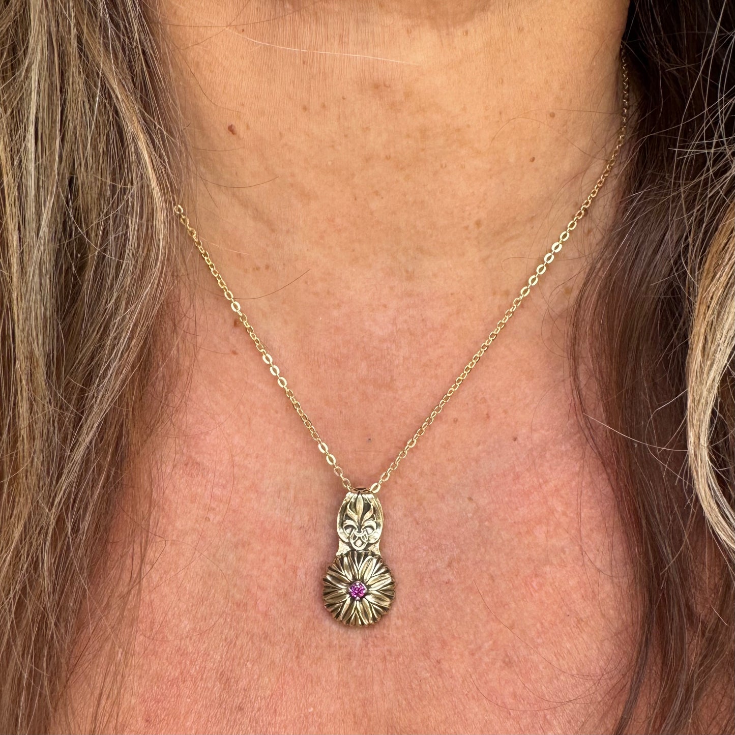 Heirloom Dahlia and Garnet artisan brass necklace