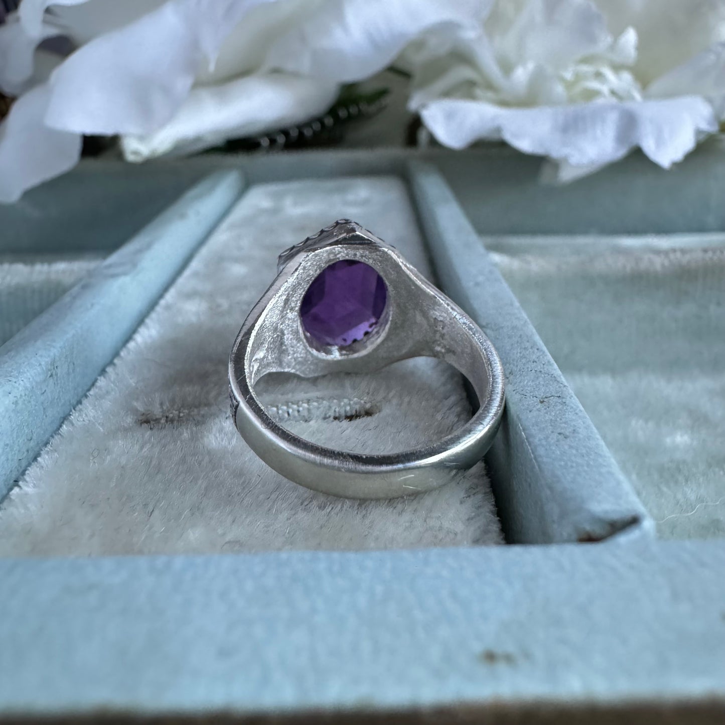 Art Deco antique inspired hexagon Amethyst artisan ring in Sterling Silver