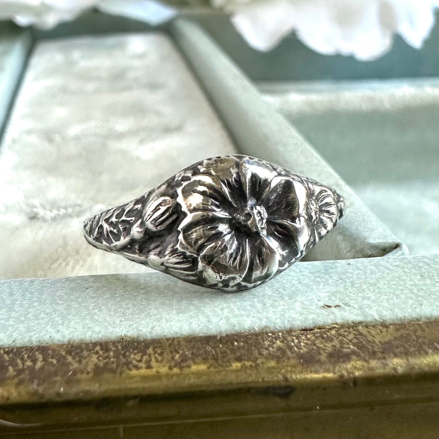 Cosmos Botanical vintage flower ring in Sterling Silver