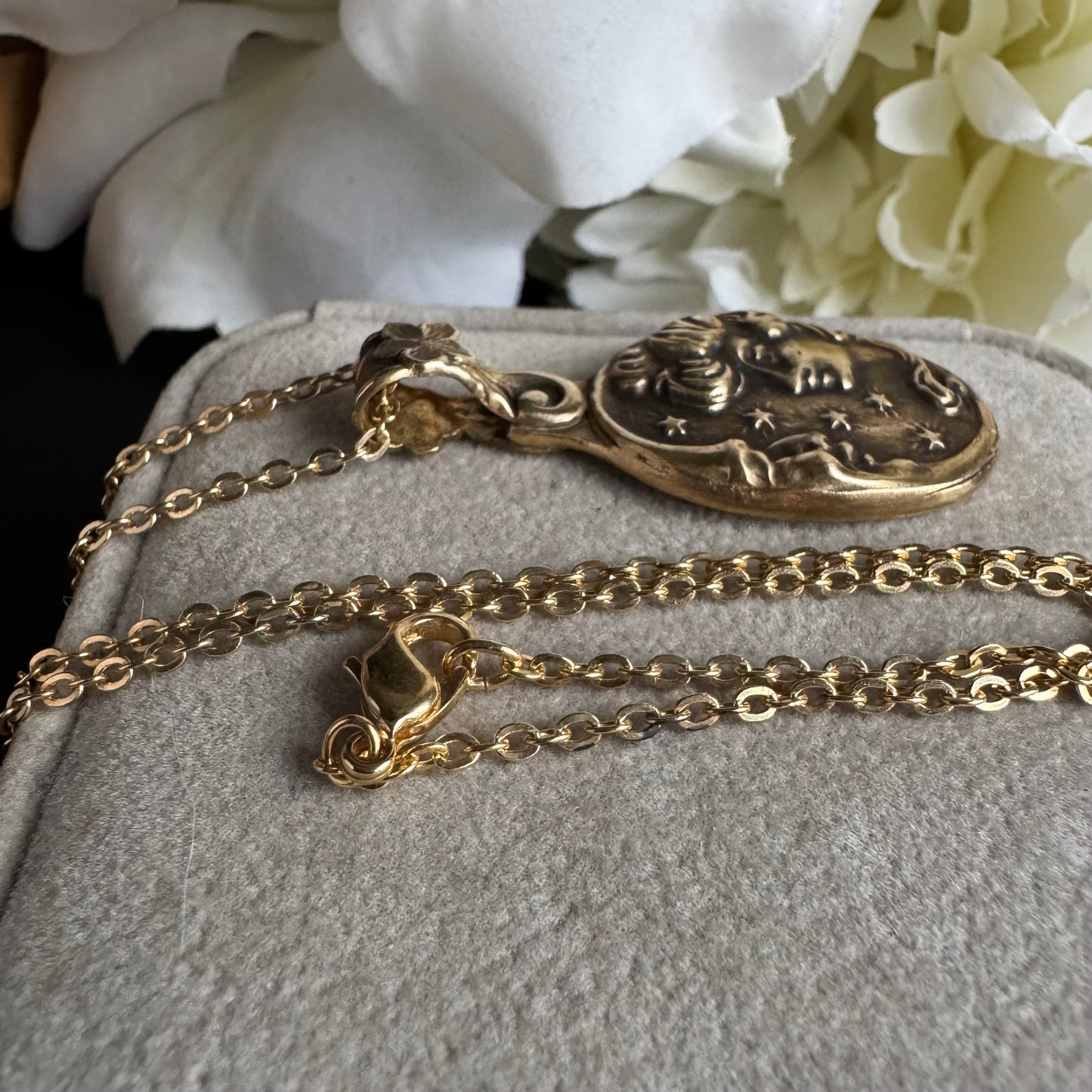 Art Nouveau Moon and Maiden artisan brass necklace