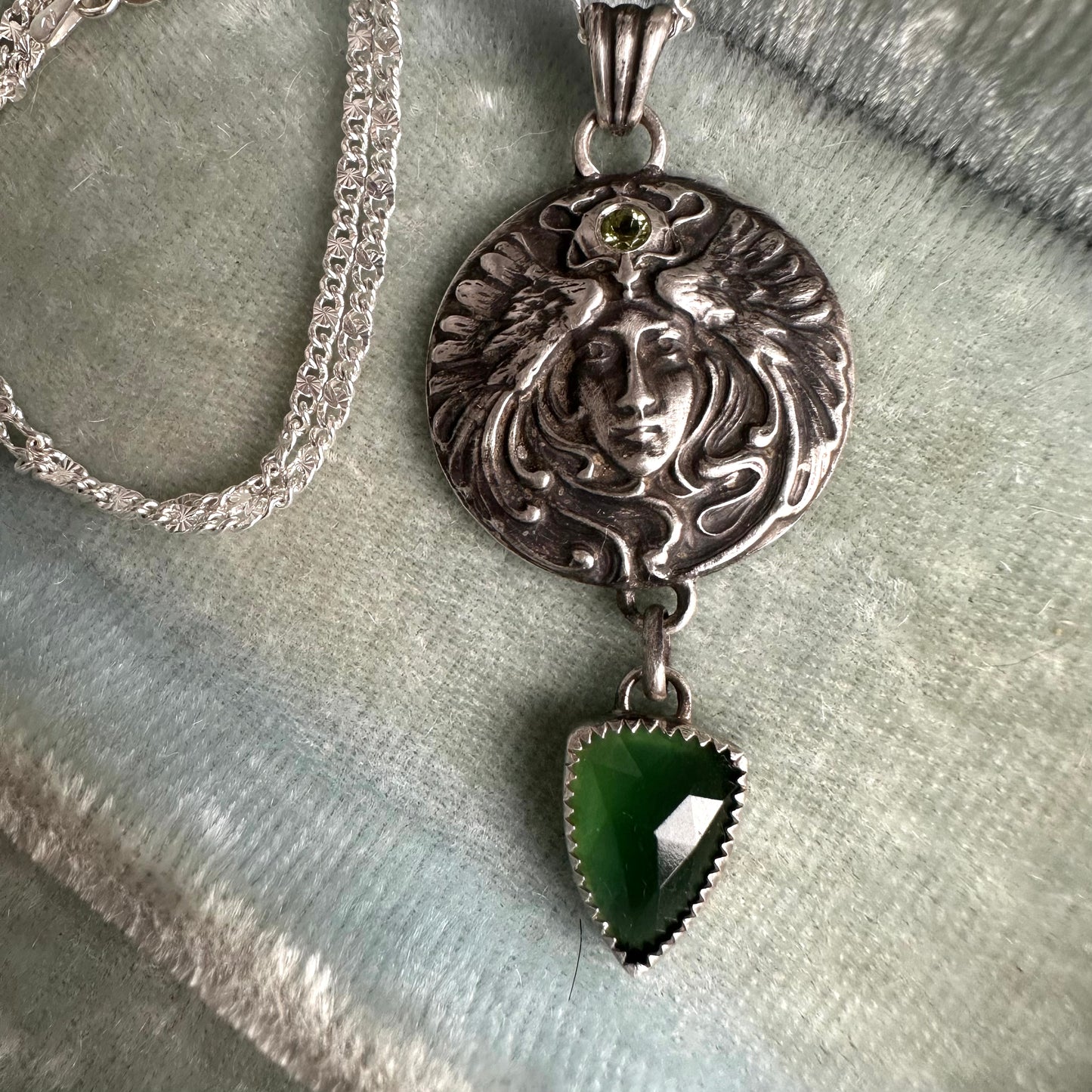 Art Nouveau High Priestess handmade Peridot and Serpentine talisman necklace
