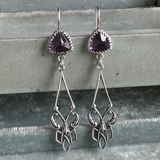 Victorian Gothic trillion Amethyst chandelier earrings in Sterling silver