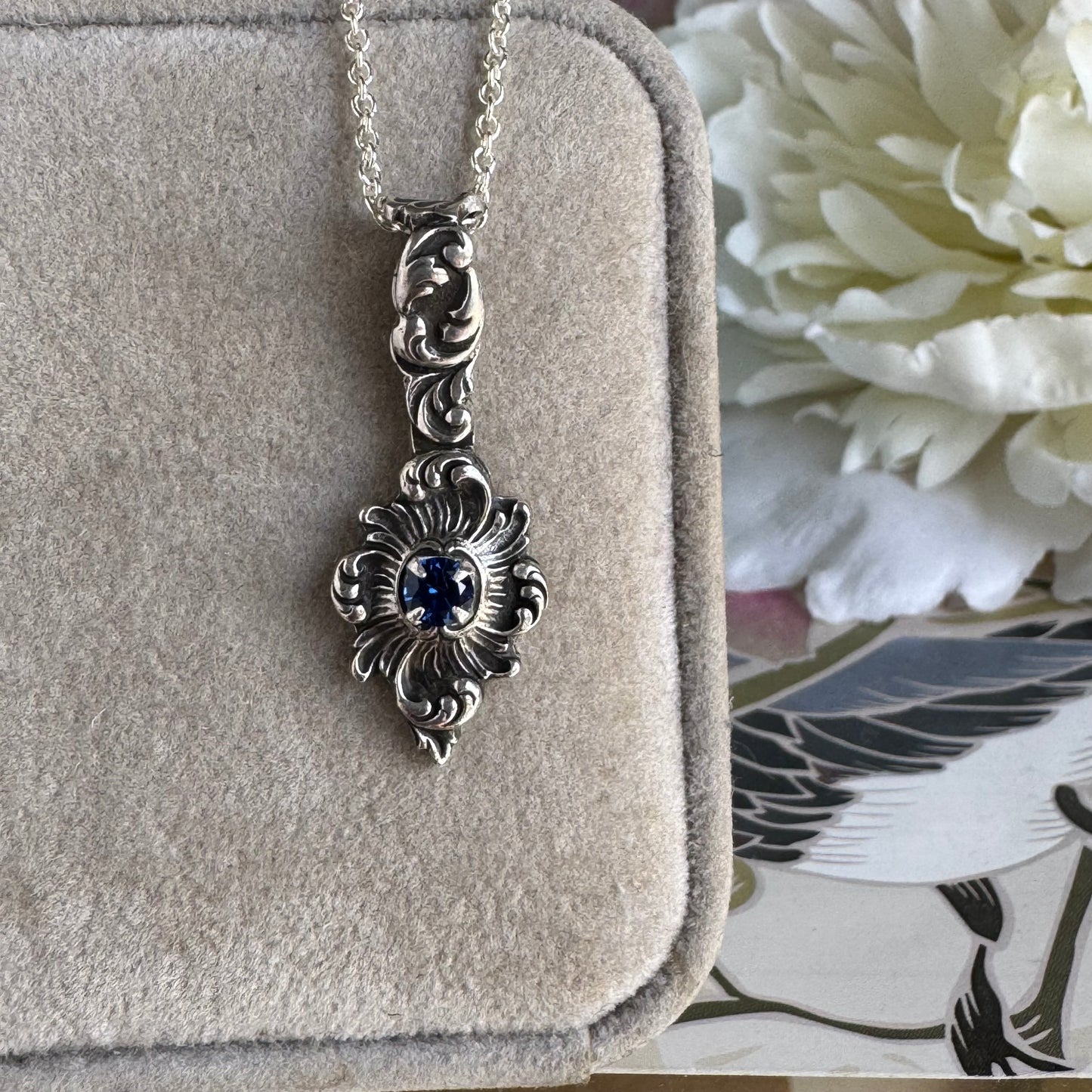 Victorian Gothic blue Sapphire artisan necklace in Sterling Silver