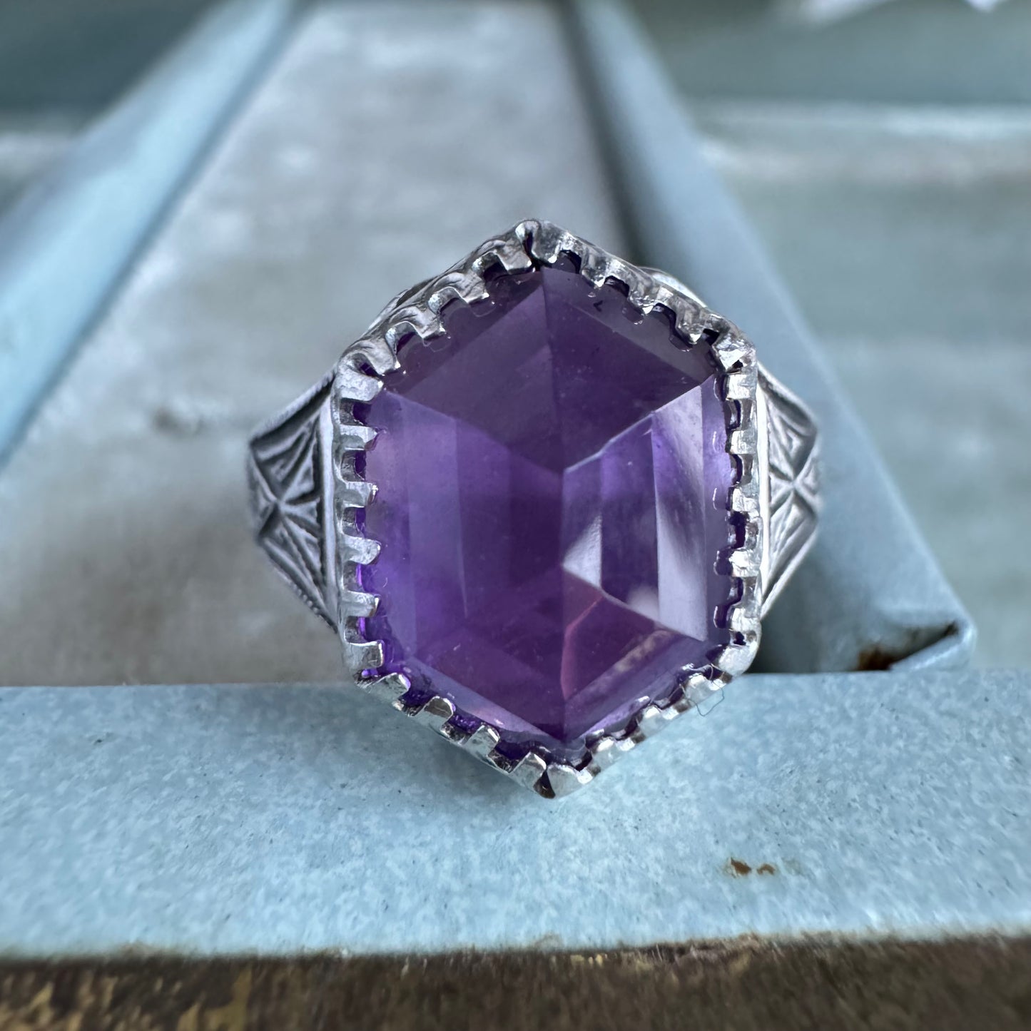 Art Deco antique inspired hexagon Amethyst artisan ring in Sterling Silver