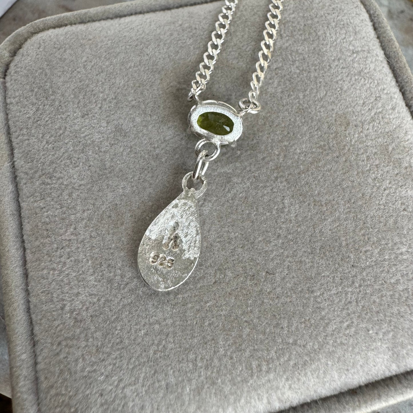 Art Deco 1ct green Peridot gemstone artisan necklace with radiant charm in Sterling Silver