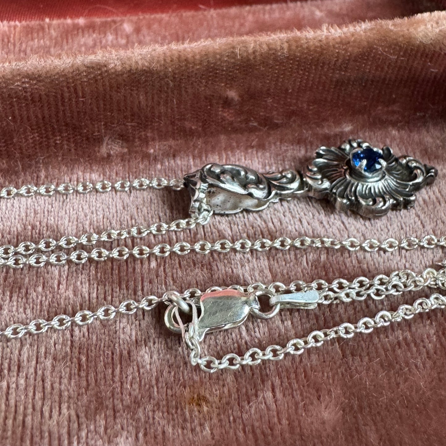 Victorian Gothic blue Sapphire artisan necklace in Sterling Silver