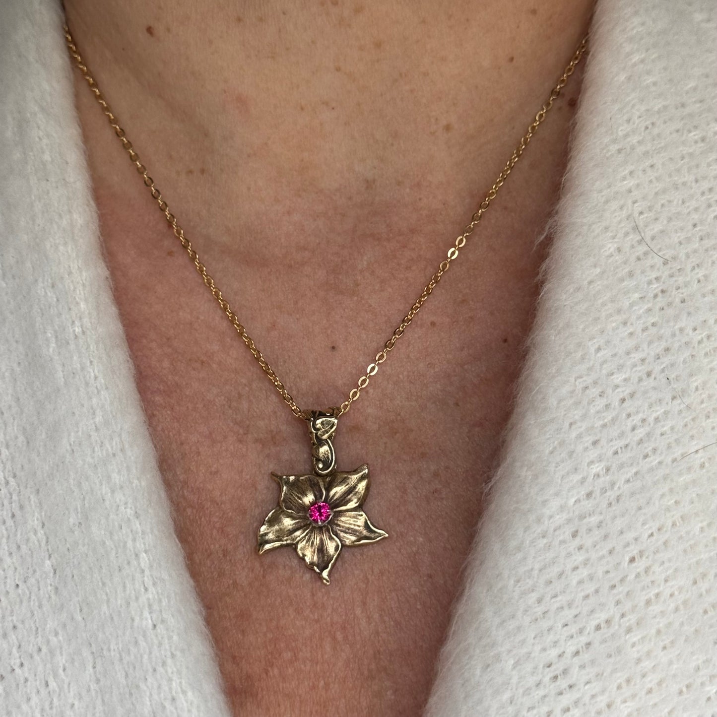Art Nouveau Flower artisan Brass and Ruby gold necklace