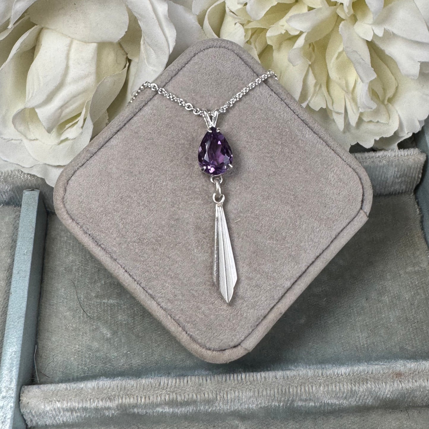 Art Deco pear shape 9ct Amethyst lariat necklace handmade in Sterling Silver