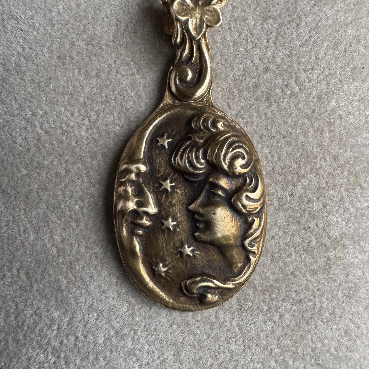 Art Nouveau Moon and Maiden artisan brass necklace