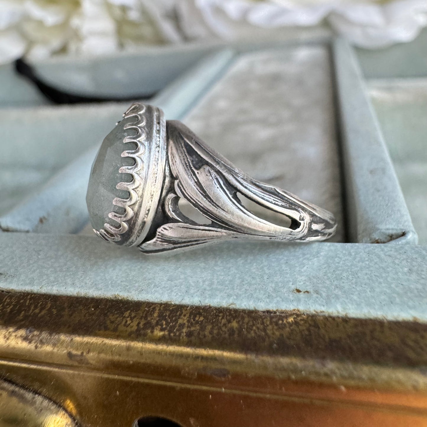 Aquamarine antique inspired Art Nouveau artisan ring in Sterling Silver