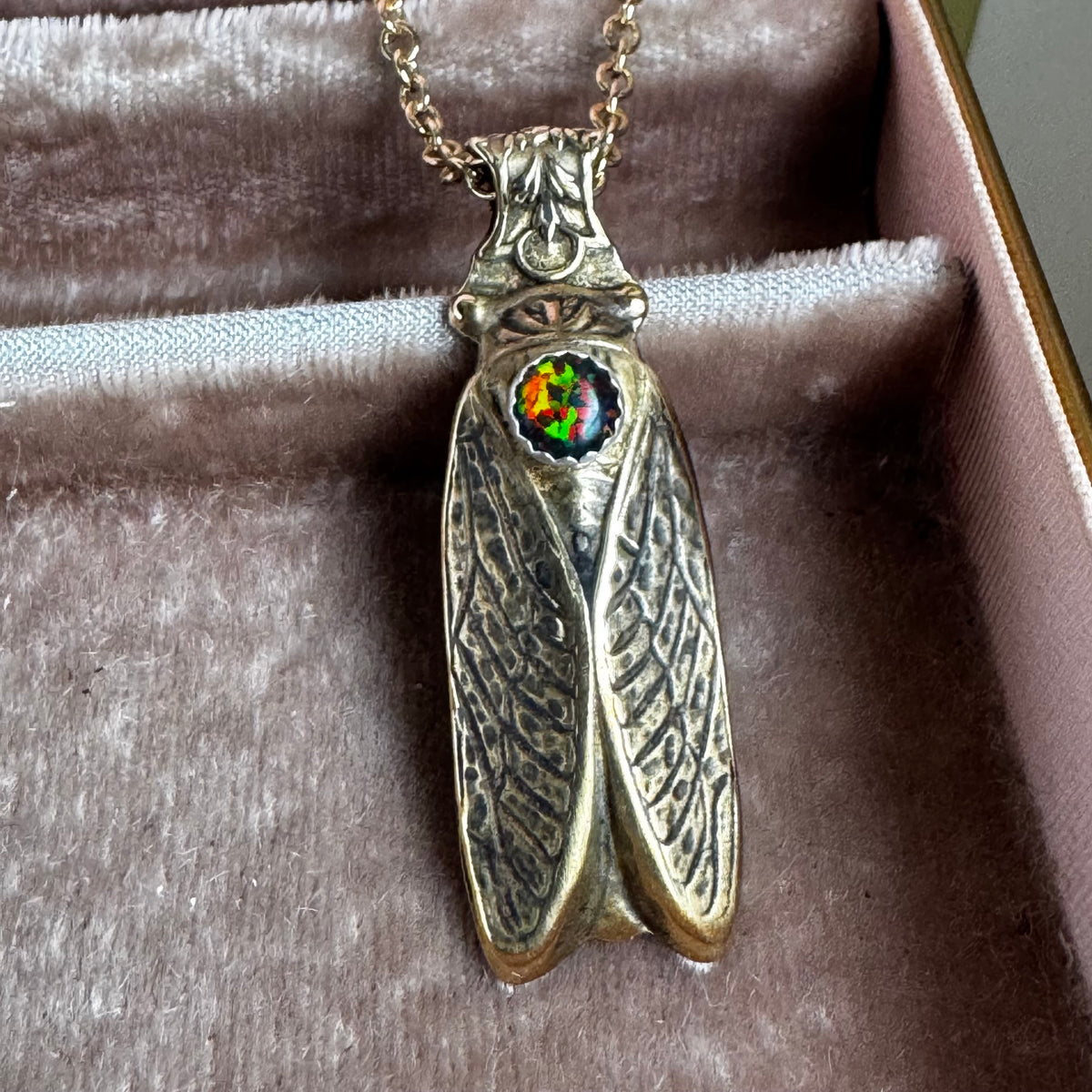 Cicada and Black Kyocera Opal brass artisan necklace