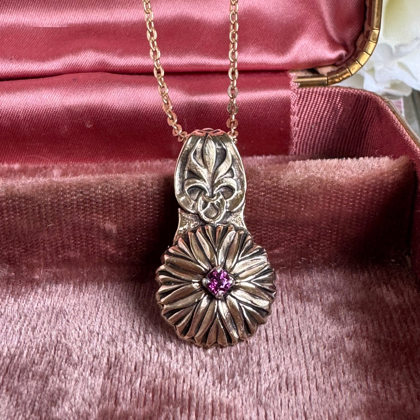 Heirloom Dahlia and Garnet artisan brass necklace