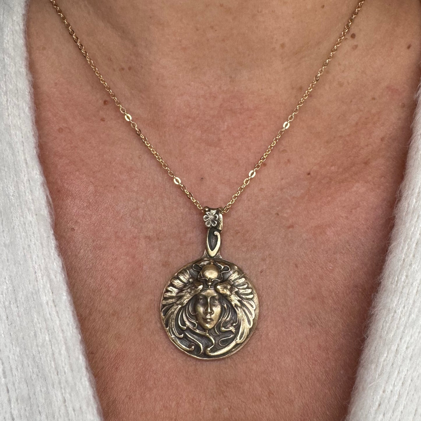 Art Nouveau Witchy Woman artisan brass necklace